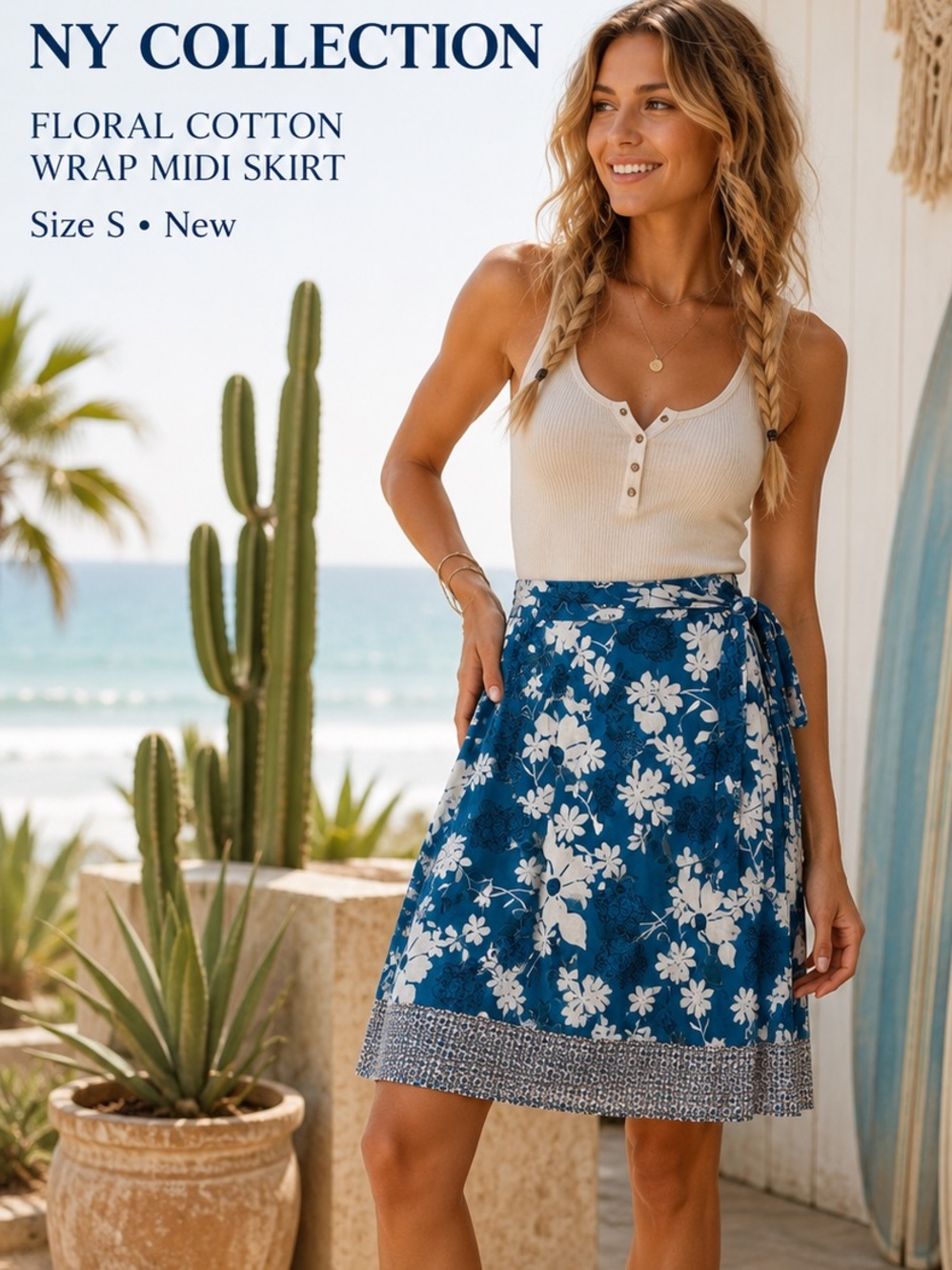 NY Collection Blue Floral Wrap Midi Skirt Cotton Size S Tie Waist